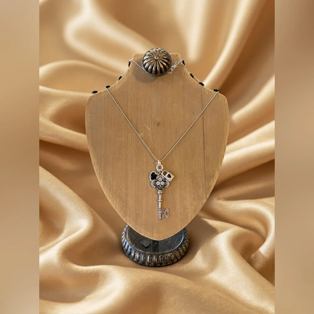 Gorgeous Black and Silver Toned Heart Lock and Key Pendant Necklace